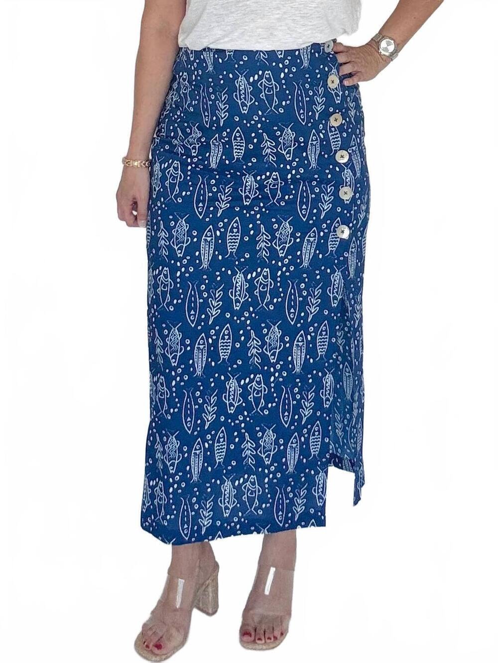 NEW THML button detail fish skirt in blue